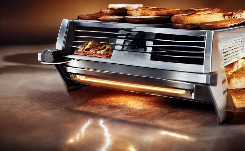 Image similar to a time-traveling delorean styled toaster with toast, bread inserted into slot, glowing heating coils, stainless steel, professional product shot, magazine ad