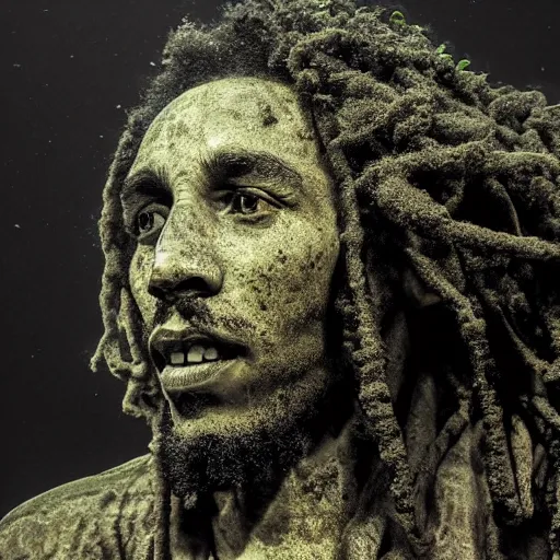 Image similar to Award-winning photograph by Mar Mann. The photo depicts a decaying roman bust of Bob Marley overgrown with moss at the bottom of the sea in the middle of ruins of civilization. Minimalism, high definition, perfect composition. Deep sea picture. Very dark. Volumetric Lighting. Fish. Darkness. Ruins
