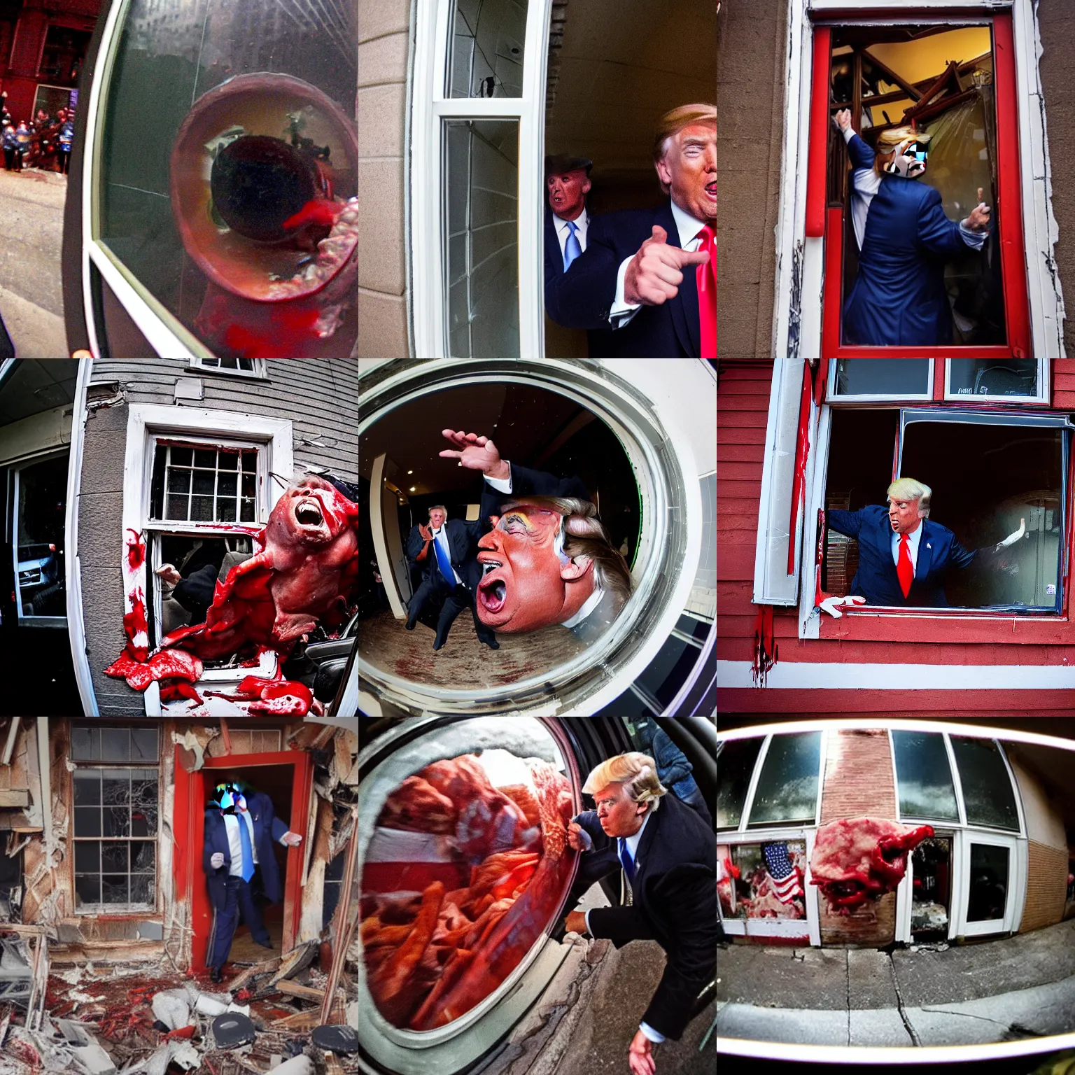 Prompt: fisheye lens photo of donald trump getting mangled by a broken window, blood and bone, red meat chunks