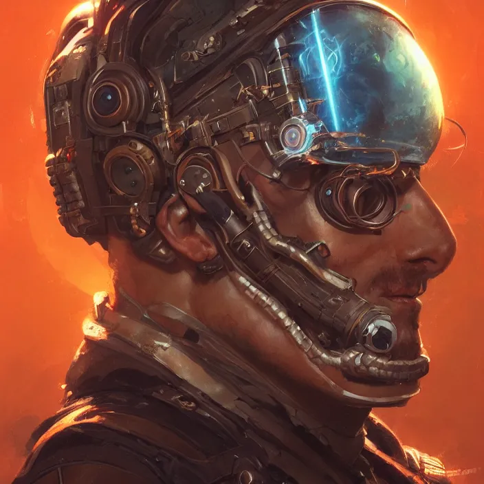 Prompt: a head and shoulders portrait of a space pirate, neon, retro, steampunk, smooth, sharp focus, intricate, artstation, detailed concept art by Greg Rutkowski and Norman Rockwell and artgerm