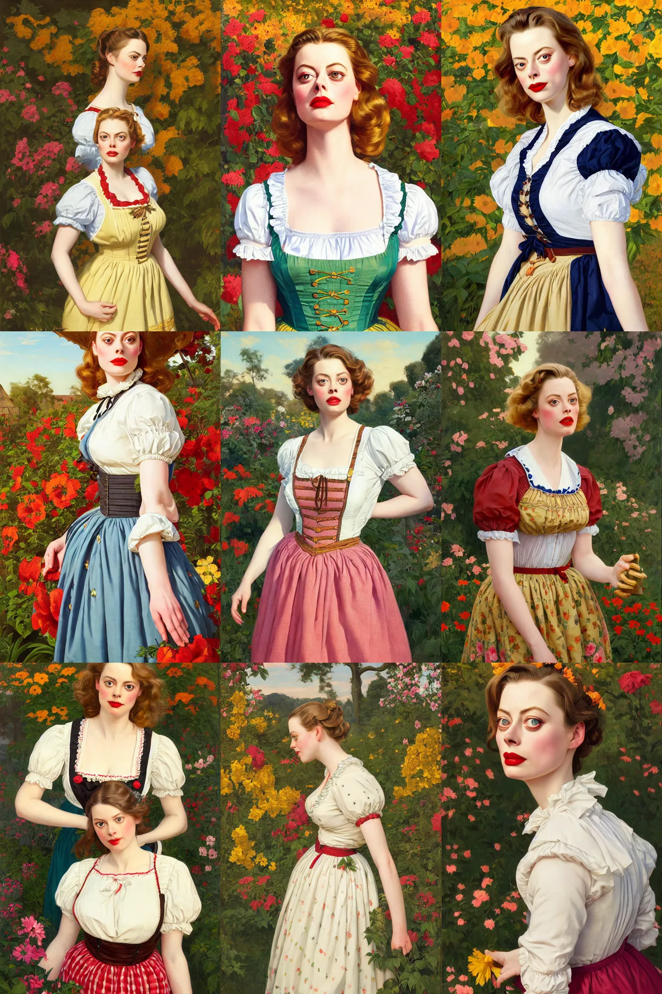 Prompt: gillian jacobs staring ahead, wearing a lowcut folklore dirndl in a flower garden, golden hour, artstation, by j. c. leyendecker, george hitchcock and peter paul rubens,