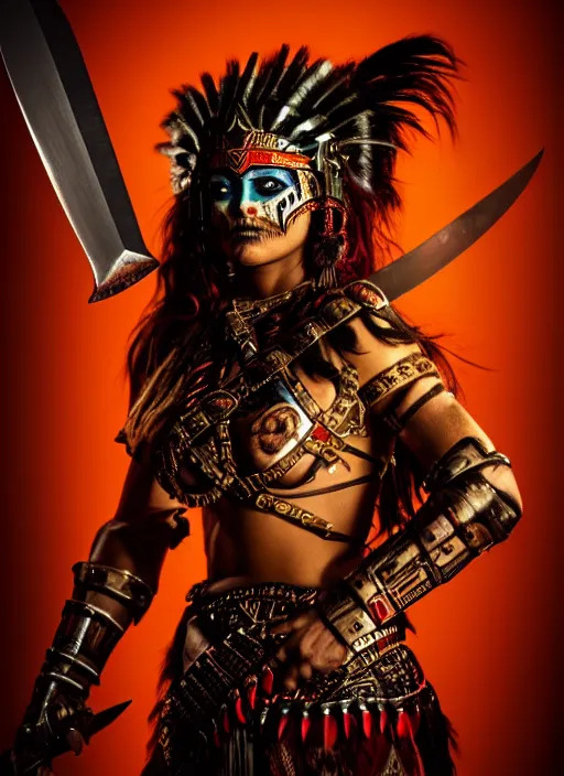 Prompt: vintage movie frame with Mia As aztec rich warrior fights barbarians with glowing knifes , looks directly at camera, vertical composition, inspired by monster hunter and dark fantasy and fashion, beautiful body, clean brutal blooded symmetrical face, brutal bloody and sluty make up, epic,dramatic lighting, cinematic, establishing shot, extremely high detail, photorealistic, brutal, provocative , cinematic lighting, artstation, octane render, dark fantasy ,old photo, vintage, black and white, Boris vallejo, sepia, old photography, documentary photography