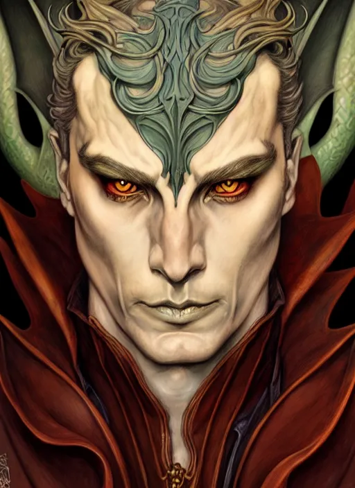 Image similar to an art nouveau, evil dragon man portrait in the style of charlie bowater, and in the style of donato giancola, and in the style of charles dulac. very large, clear, expressive, intelligent eyes. symmetrical, centered, ultrasharp focus, dramatic lighting, photorealistic digital painting, intricate ultra detailed background.