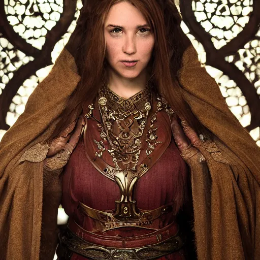 Image similar to the elder scrolls vi, charismatic regal brunette female jarl, portrait, rustic throne room, atmospheric lighting, painted, intricate, volumetric lighting, beautiful, daytime,, slight overcast weather, 4 0 0 0 k, sharp focus, deep colours, ultra detailed, by leesha hannigan, ross tran, thierry doizon, kai carpenter, ignacio fernandez rios