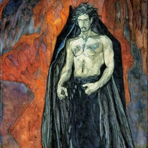 Prompt: comics sandmanin a cloak by Neil Gaiman, in style The Demon Downcast, by Mikhail Vrubel, oil painting, art gallery, art museum, small details, whole-length, hyperrealism, black cloak, very detailed face, very detailed torso,