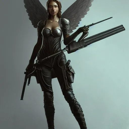 Image similar to fullbody!! female fantasy angel with a shotgun trending on artstation, smooth and sharp, intricate, fine details, elegant, dynamic pose, detailed and intricate environment, professional by tatyana kupriyanova and greg rutkowski and raymond swanland