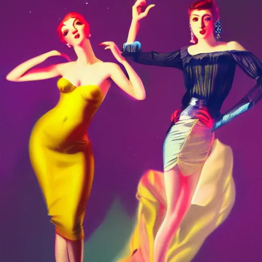 Image similar to young people in a fancy nightclub dancing and drinking, partylights, great colors, in the style of rolf armstrong, trending on artstation