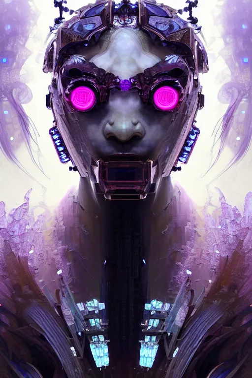 Prompt: asura from chinese myth, ghost, gorgeous and huge head ornaments, dystopian, cyberpunk, organic fractal mycelum and fungi, mecha, halfturn portrait of a big crystal face made of crystals half - turn, ominous, intricate, studio, art by anthony macbain + greg rutkowski + alphonse mucha, concept art, 4 k, sharp focus