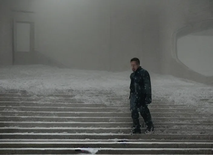 Prompt: bladerunner 2049 man lying on concrete stairs, snowing snowy stairs. sad melancholic scene. 65mm camera uncropped man centered.