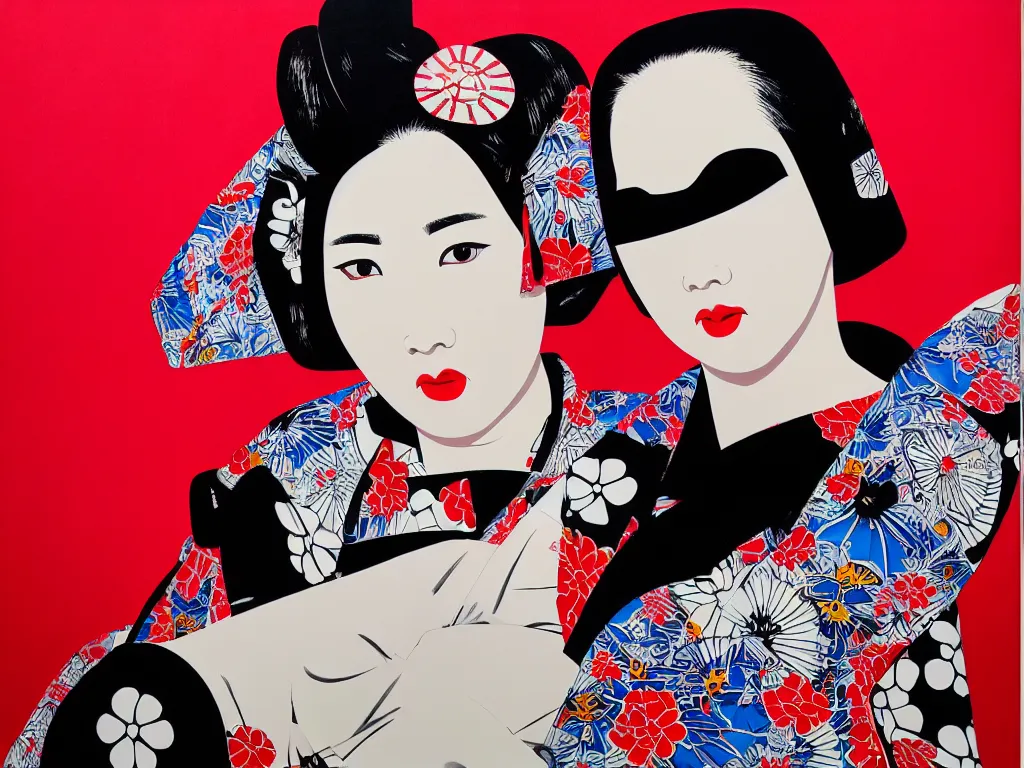 Image similar to hyperrealism composition of the detailed woman in a japanese kimono sitting at an extremely detailed poker table with darth vader, fireworks and folding screen on the background, pop - art style, jacky tsai style, andy warhol style, acrylic on canvas