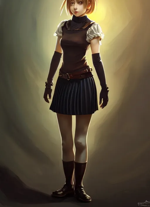 Image similar to portrait of a full body of beautiful young female detective, d & d, sleeveless turtleneck, pleated skirt, fantasy, flat lighting, intricate, highly detailed, digital painting, artstation, concept art, smooth, sharp focus, illustration, misa amane, art by simon bisley and greg rutkowski and alphonse mucha, natural tpose