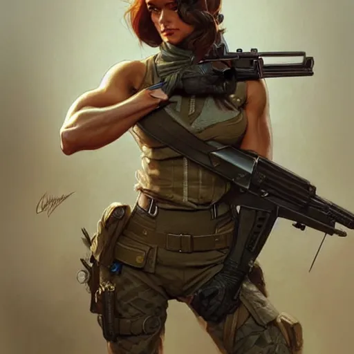 Prompt: hot female soldier carrying a gun, muscular upper body, D&D, fantasy, intricate, elegant, highly detailed, digital painting, artstation, concept art, smooth, sharp focus, illustration, art by artgerm and greg rutkowski and alphonse mucha