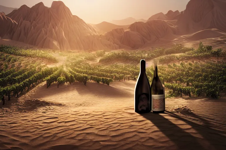 Image similar to wine bottle buried in oasis in the middle of a desert, dramatic, mid day, mountain background, large scale, hyperrealistic, lots of detail, realistic lighting, octane render, by wlop, artgerm, trending on artstation