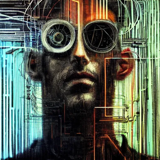 Prompt: hyperrealistic portrait of a cyberpunk man, long hair, by Guy Denning, Johannes Itten, Russ Mills, hacking effects, detailed lines, network, cybernetics, technological sunglasses, cables, computation, technological, color blocking!, circuitry, digital, oil on canvas, insane detail, front view, symmetrical, octane, concept art, abstract, artistic, 8k, cinematic, trending on artstation