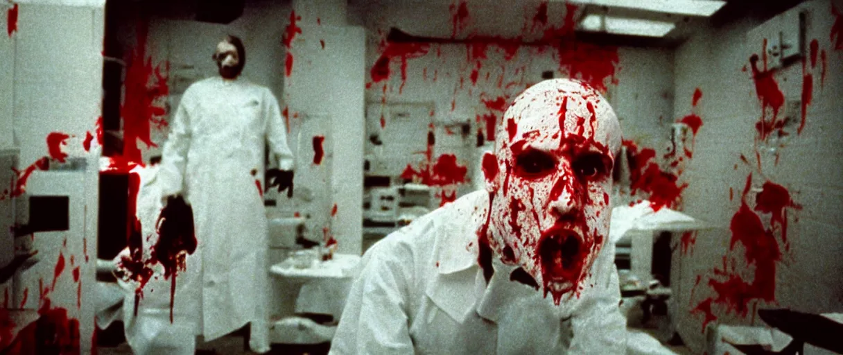 Prompt: filmic wide shot angle movie still 35mm film color photograph of a decapitated doctor with blood spewing from his neck and splattered blood all over the walls in a science lab in the style of a 1982 horror film