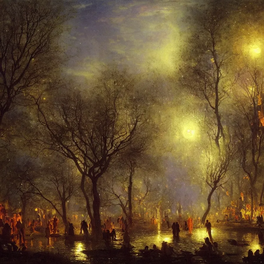 Image similar to a night carnival around a magical tree cavity, with a surreal orange moonlight and fireworks in the background, next to a lake with iridiscent water, christmas lights, volumetric lightning, folklore creatures and fantastic animals and people disguised as fantastic creatures in a magical forest by summer night, masterpieceunderwater scene, masterpiece painted by andreas achenbach, scene by night