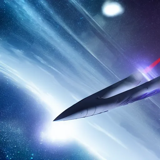 Image similar to futuristic plane goes to space, edge of the atmosphere, dark matter propulsion engine, stars in the background, 4K high resolution picture, featured on Behance, extra crisp