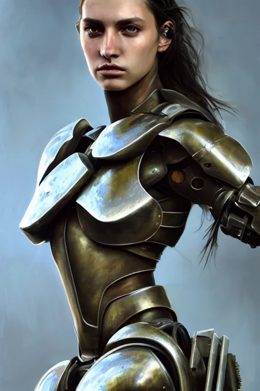 Prompt: a photorealistic painting of an attractive young girl, partially clothed in dirty metal-plated battle armor, dirty olive skin, long dark hair, beautiful bone structure, perfectly symmetrical face, perfect eyes, intricate, elegant, digital painting, concept art, illustration, sharp focus, minimal artifacts, volumetric lighting, from Metal Gear, in the style of Greg Rutkowski, trending on Artstation, award winning