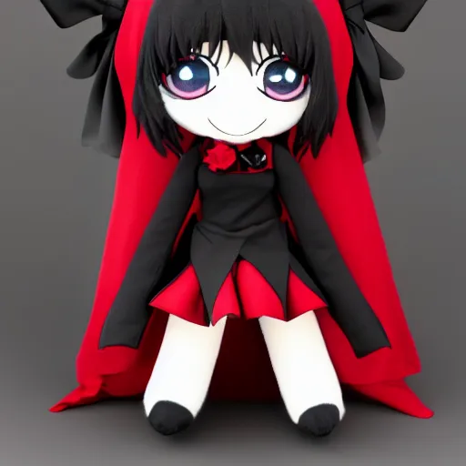 Image similar to cute fumo plush of a gothic maiden in a dark black uniform with a red cape, laces and ribbons, cel shading, anime girl, vray, symmetry