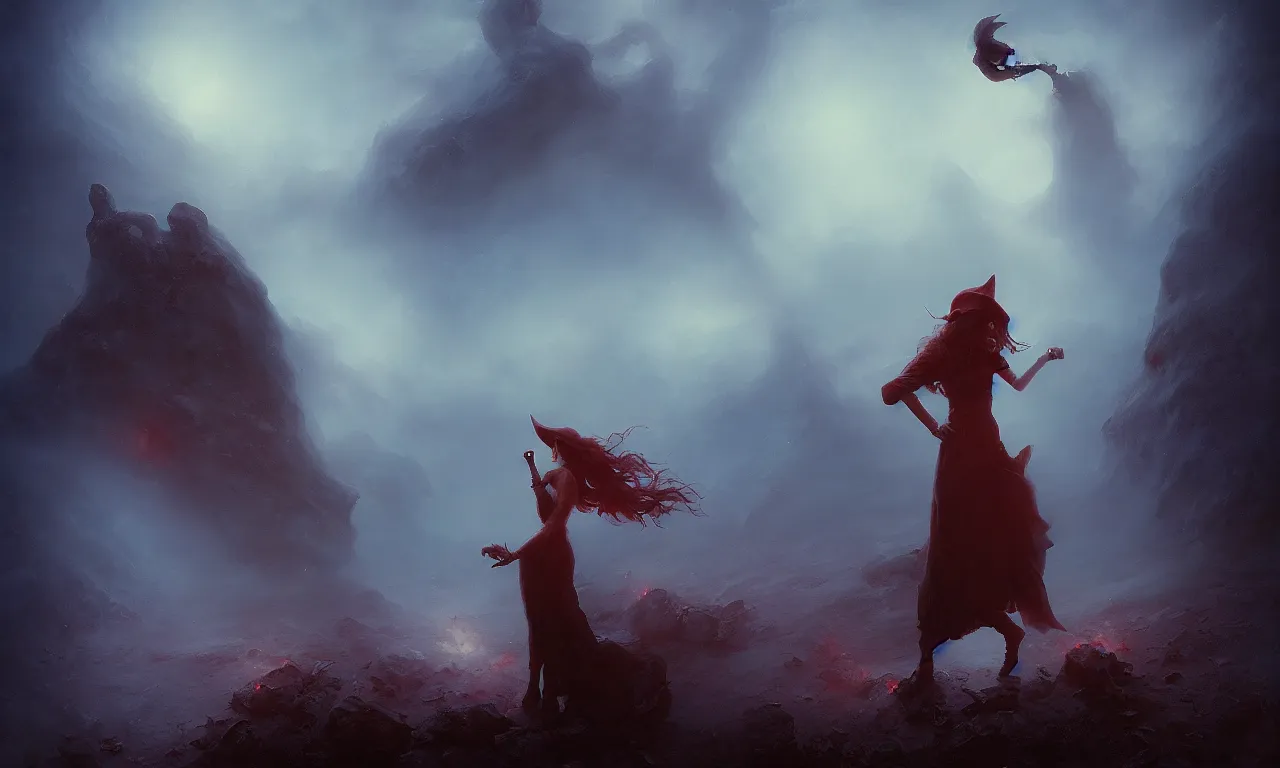 Prompt: the lonely witch standing at the edge of a fiery caldera by bastien deharme and gerald brom and mark arian and omar ortiz, smooth round rocks, deep blue sky, low light, misty, smoky, tonalism, sfumato