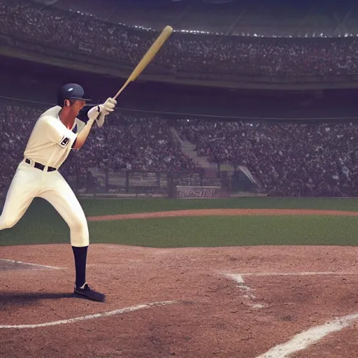 Image similar to baseball player hitting the ball with the baseball bat in the middle of the game and in front of everyone in the stadium, james gurney painting style, greg rutkowski, artstation, octane render, unreal engine 5