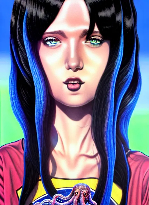 Image similar to richly detailed colored pencil 3D illustration of a beautiful woman with silky straight black hair with iridescence wearing a Nirvana band Tshirt and short black shorts, she staring at the camera happily while being surrounded by slimy tentacles, art by Range Murata and Artgerm.