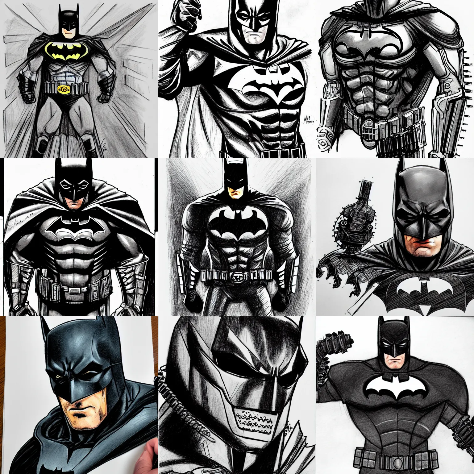 Prompt: Batman full of gears on the suit and mask, sketch, drawing, pencil,