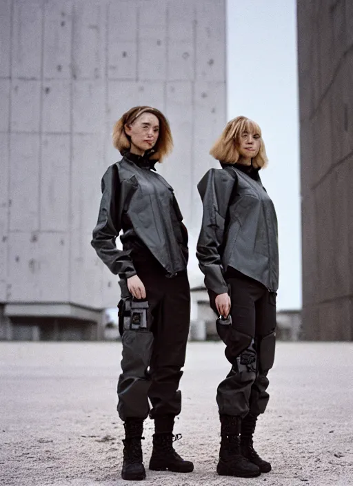 Image similar to cinestill 5 0 d photographic portrait of two loving clones, techwear women on a desolate plain, a brutalist metal building in the background, depth of field, 4 k, 8 k, hd, full color