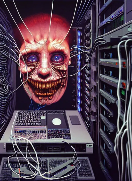 Prompt: realistic detailed photo rendered in octane 3d , of a a brain connected with wires and cords to an old PC computers from 90s in a server room by Francis Bacon and H.R. Giger, by Ayami Kojima, Amano, Karol Bak, Greg Hildebrandt, and Mark Brooks , rich deep colors. Beksinski painting, art by Takato Yamamoto. masterpiece. rendered in blender, ultra realistic, smooth shading, ultra detailed, high resolution, cinematic, unreal 6