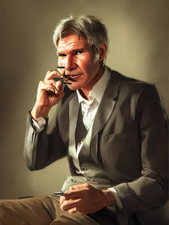 Prompt: portrait of harrison ford lighting a joint, in a style blend of whelan and leyendecker and rockwell, oil painting, volumetric lighting, intricate details