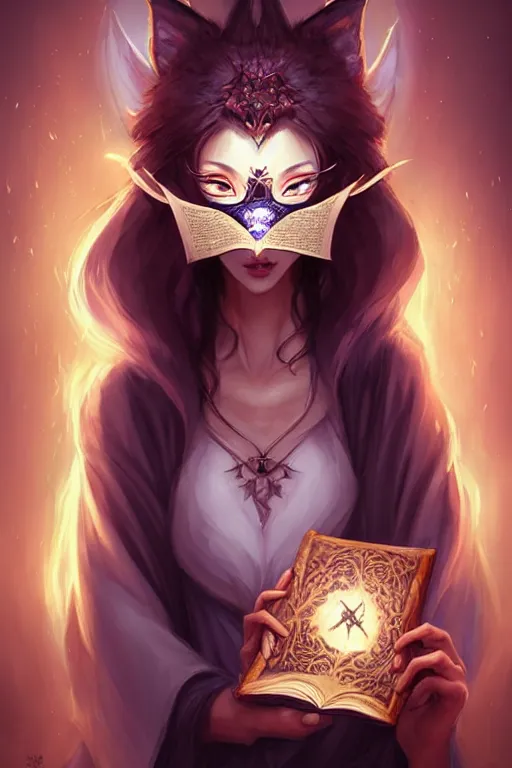 Image similar to gorgeous!!! hyper - realstic sorceress with a kitsune mask, holding a tattered magical book, casting a spell | drawn by wlop, drawn by jeehyung lee, drawn by artgerm | fantasy, dark, intricate, highly detailed, digital painting, character design, concept art, illustration, artstation