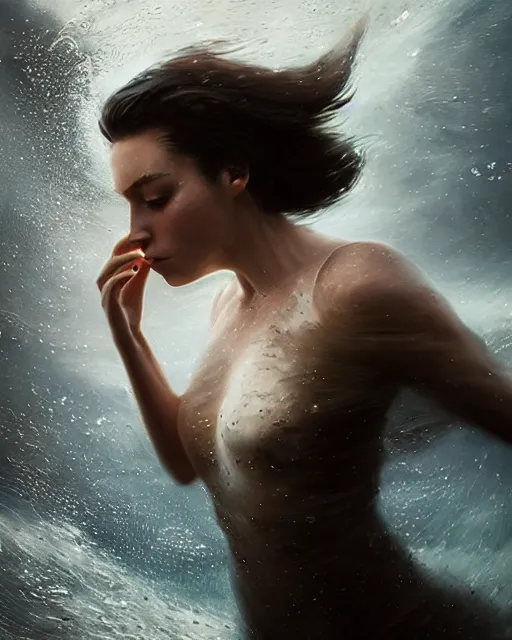 Prompt: olivia swirling into a water tornado that turns into a dress, half body portrait, 3 d animation, black hair, freckles, pale skin, photo by greg rutkowski, female beauty, refraction intricate detail, elegance, sharp shapes, backlit, masterpiece