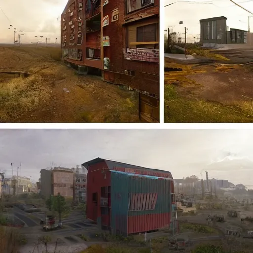 Prompt: single building, simon stalenhag, props, furniture and decor