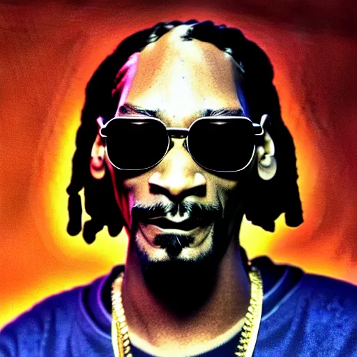 Image similar to Snoop Dog with big eyes eye color red , smiling and holding a joint in his hand