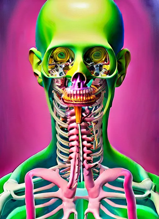 Image similar to a beautiful and highly detailed painting of an anatomical portrait wearing overalls, inside a grand room lined with paintings, emotionally expressive, oil painting, soft light, pink and green olour palette, cinematic composition, cinematic lighting, sharp focus, masterpiece by shusei nagaoka kaws, david rudnick, airbrush on canvas, pastell colors, cell shaded 8 k