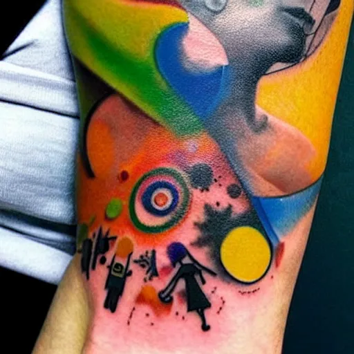 Prompt: arm tattoo of a 3 d hole in the skin with multicolored robotic mechanics inside under the skin, insanely integrate, 3 d