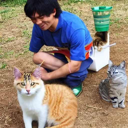 Prompt: asian jesus playing with cats with a water bucket and a whip