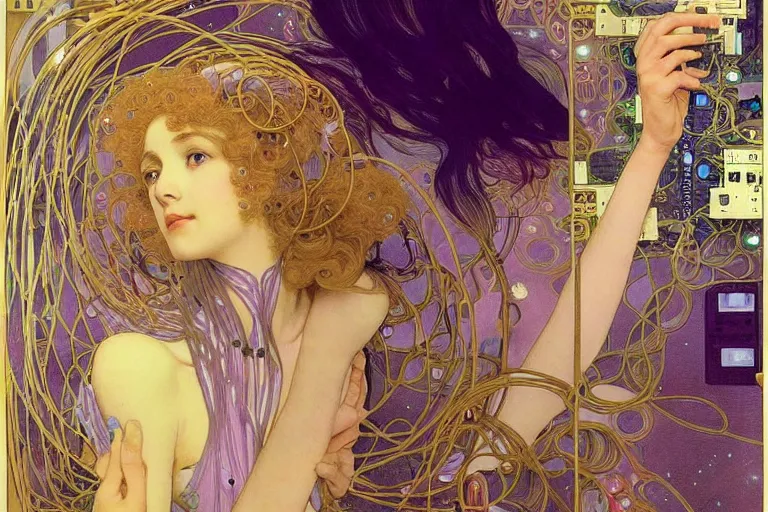 Prompt: symmetric, a dreamy woman in a purple dress holding a brain and neurons, in a room full of wires and computers and neural networks, dark sci - fi, ai, 4 k realistic, alphonse mucha, gustav klimt artem demura.