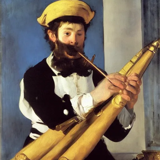 Image similar to an oil painting of the flute player by Manet