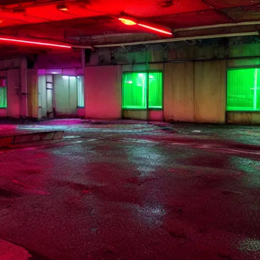 Image similar to a indoor abandoned parking lot with overgrown plants, magenta lighting, neon, cyberpunk, art by Simon Stalenhag, cinematic, 4k