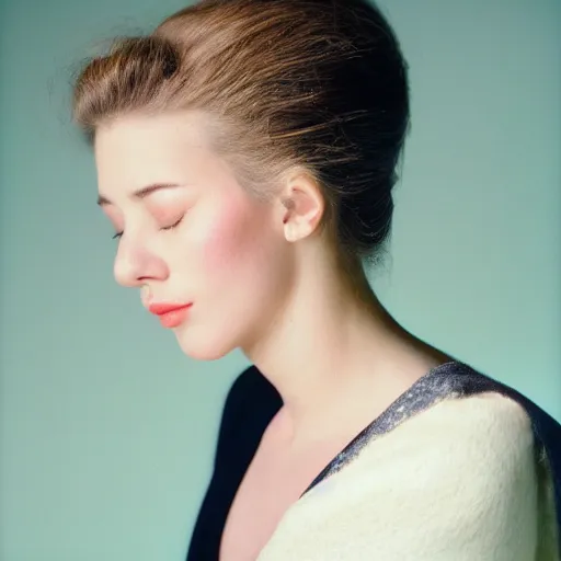 Image similar to Portrait photo of a famous actress posed in profile, eyes closed, natural makeup, studio lighting, highly detailed, cinestill 800t