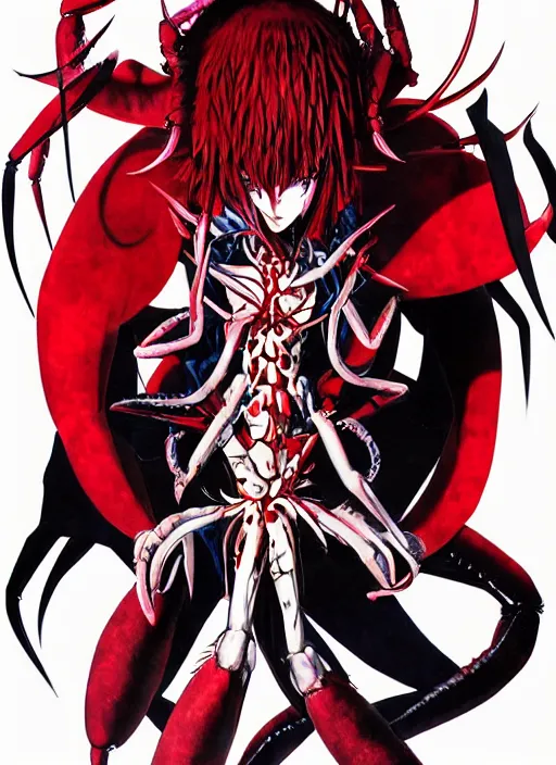Image similar to shin megami tensei art of a demon called mi - go, crustacean humanoid, art by kazuma kaneko, ( ( ( ( ( ( ( ( ( ( human ) ) ) ) ) ) ) ) ) ) demonic! compedium!, digital drawing, white background, high quality, highly detailed