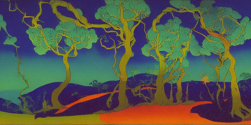 Image similar to a night landscape background, paul ranson, rob gonsavles, eyvind earle