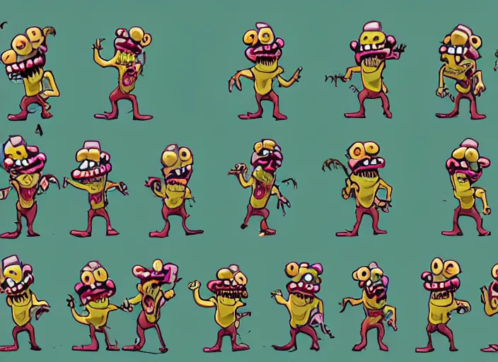 Image similar to sprite sheet of a zombie walking in cuphead, 6 frames, trending on artstation, video game