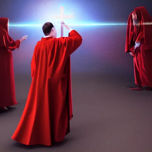 Image similar to octane render by mort kunstler and annie leibovitz and monia merlo, a line of people in colorful tunics receiving holy communion from a monstrous alien creature in a red cardinal robe, 4 d, 4 k, volumetric lighting, ray traced lighting, ultra - detailed