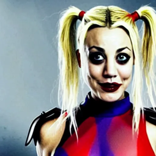 Image similar to A still of Kaley Cuoco as Harley Quinn