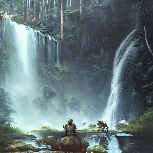 Image similar to Gigantic stone robot resting in front of a waterfall inside a forest, oil painting, by Greg Rutkowski