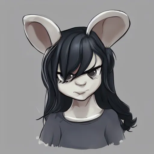 Image similar to headshot of young female furry, D&D, cute, fantasy, intricate, long hair, dark grey skin, mouse face, mouse nose, dark skin, mouse head, mouse ears, black hair, elegant, highly detailed, cartoony, artstation, concept art, smooth, sharp focus, illustration, art by Diives