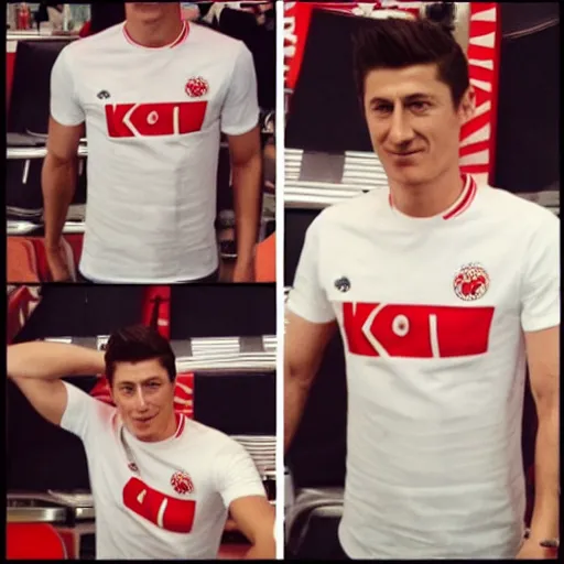 Image similar to robert lewandowski in a kfc t - shirt