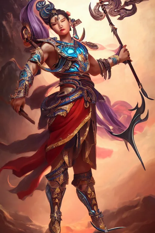 Image similar to a masterpiece portrait of nezha, legendary god holding spear, hero action pose, fantasy character portrait, hyper detailed, digital painting, 8 k realistic, trending on artstation, sharp focus, dof, by fenghua zhong, artgerm, ne zha from smite, tsuyoshi nagano, phonenix in background